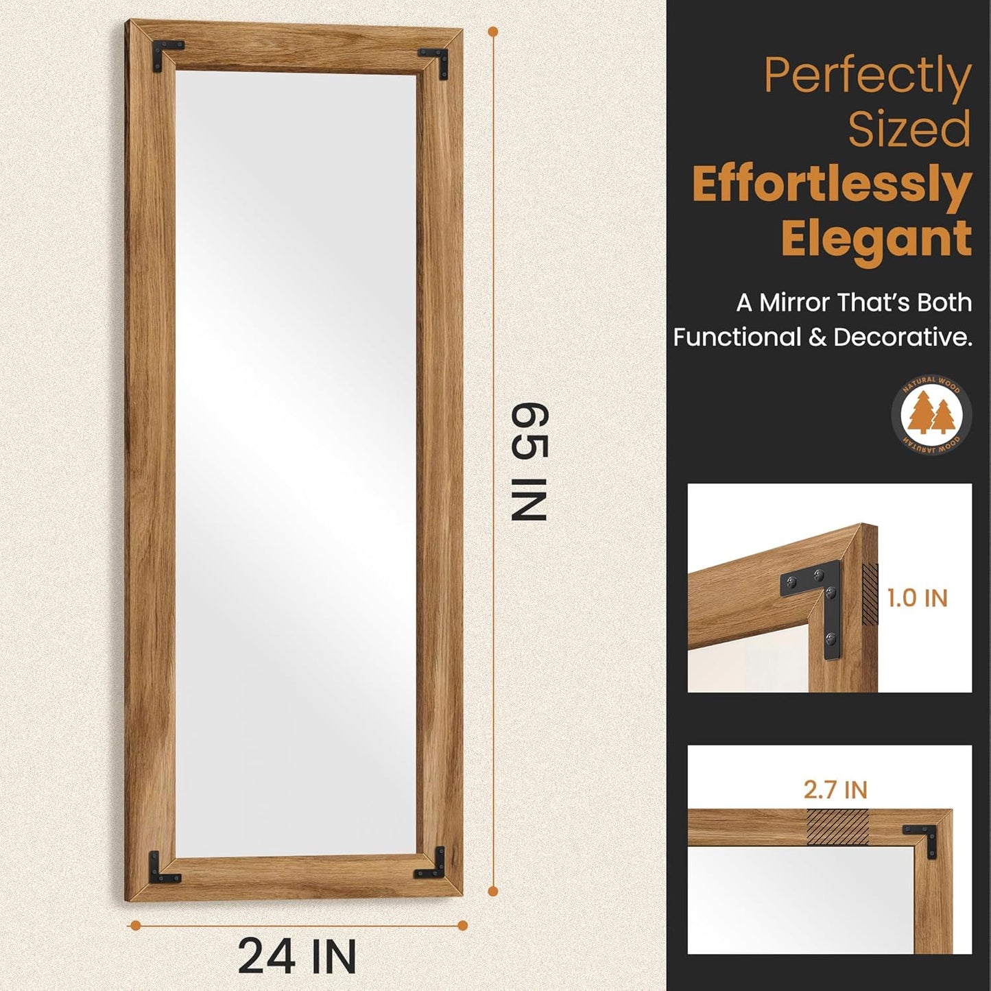 Full Length Mirror with Wooden Frame, 65"X24" Solid Wood Standing Floor Mirror for Farmhouse, Bathroom, Bedroom, Hanging or Leaning Wall-Mounted
