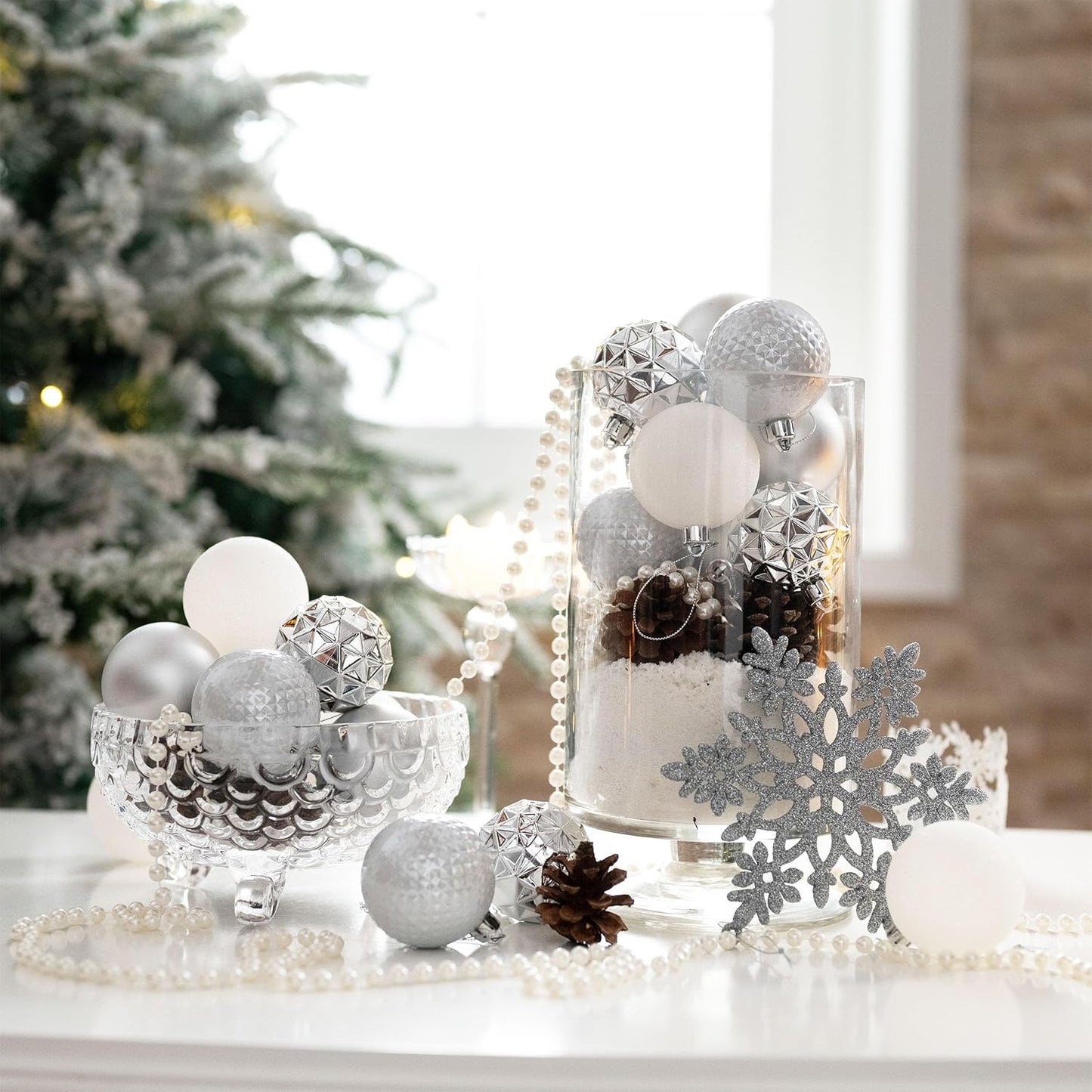 Valery Madelyn Christmas Tree Decorations Ornament Set for Fall Halloween, 50ct 2.36 Inches White and Silver Shatterproof Christmas Ball Ornaments Hanging Xmas Holiday Party Decor
