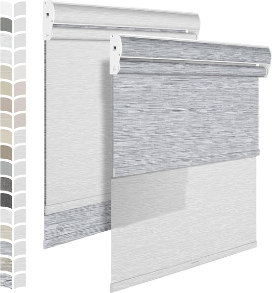 BERISSA Cordless Double Roller Shades with Cassette Valance, Blackout and Light Filtering, Day and Night Shades for Home Office. Maze Grey & White. Custom Sizes