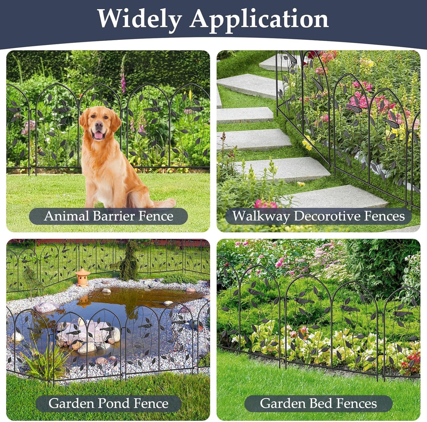 Decorative Garden Fence 4 Pack - 24in(H) x 10Ft(L), Metal Garden Fencing Panel, Landscape Pathway Edge Iron Picket Fence Panels (Balck)