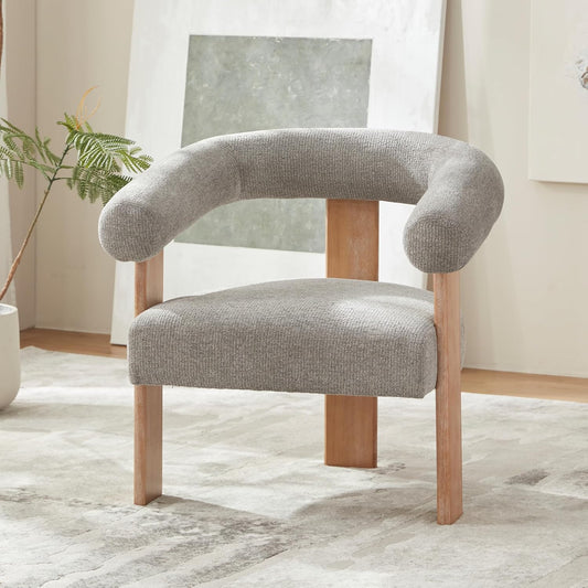 VKNOW Accent Chair Living Room Chair, Modern Upholstered Armchair with Solid Wood Legs, Comfy Barrel Arm Chairs for Living Room Bedroom, Light Grey