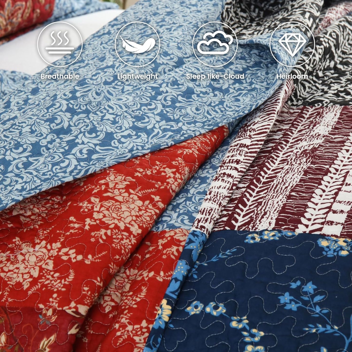 Secgo California King Comforter Set for Bed - 100% Cotton Quilts Cal King Size, Black Bedspreads (120 * 110 Inch) with 2 Pillow Shams, Patchwork Reversible Lightweight Bedding