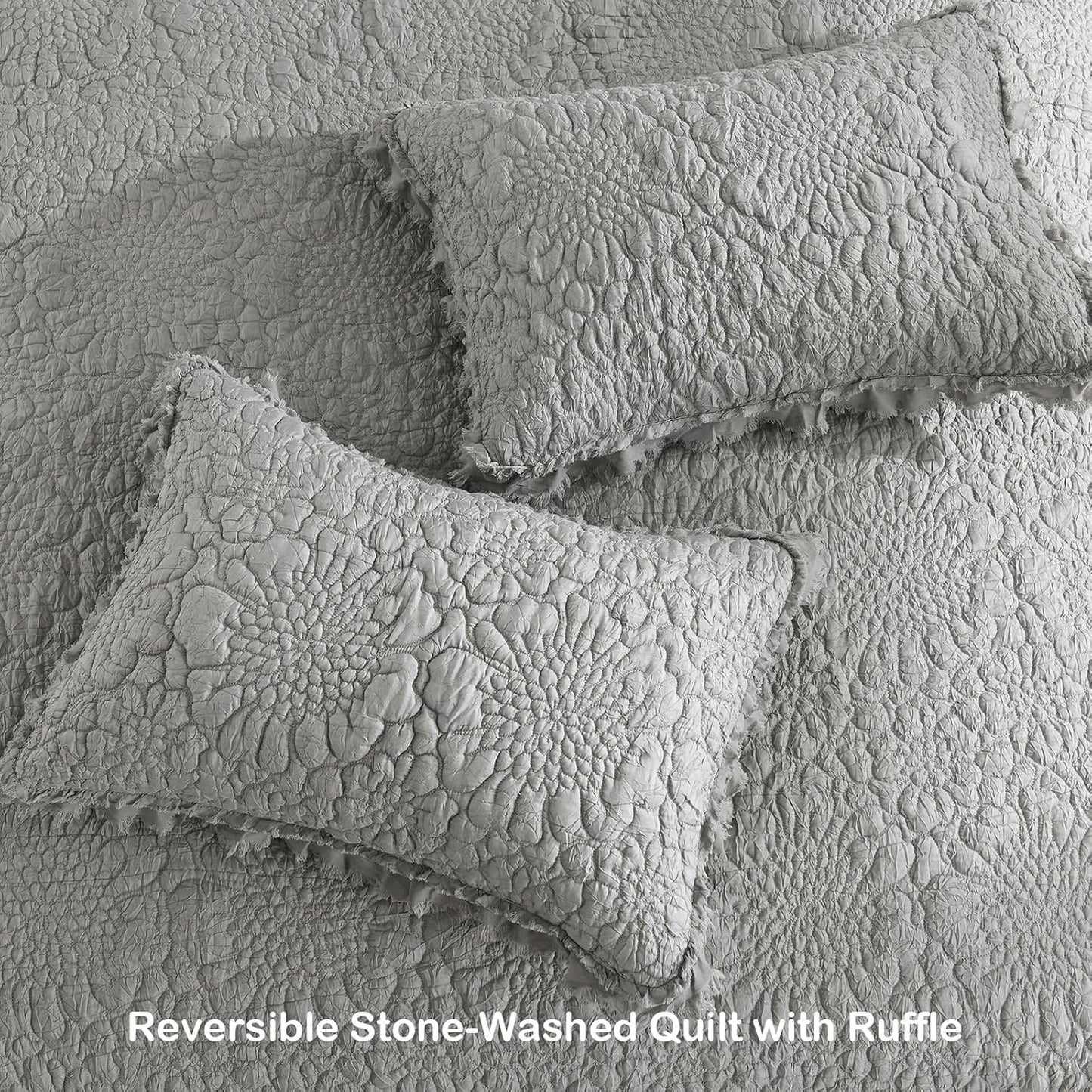 HORIMOTE HOME Dark Grey Ruffled Quilt Queen Size, Stone-Washed Microfiber Lightweight Crinkled Farmhouse Rustic Shabby Chic Bedding Set, 3 Pieces Reversible Bedspread with Pillow Shams for All Season