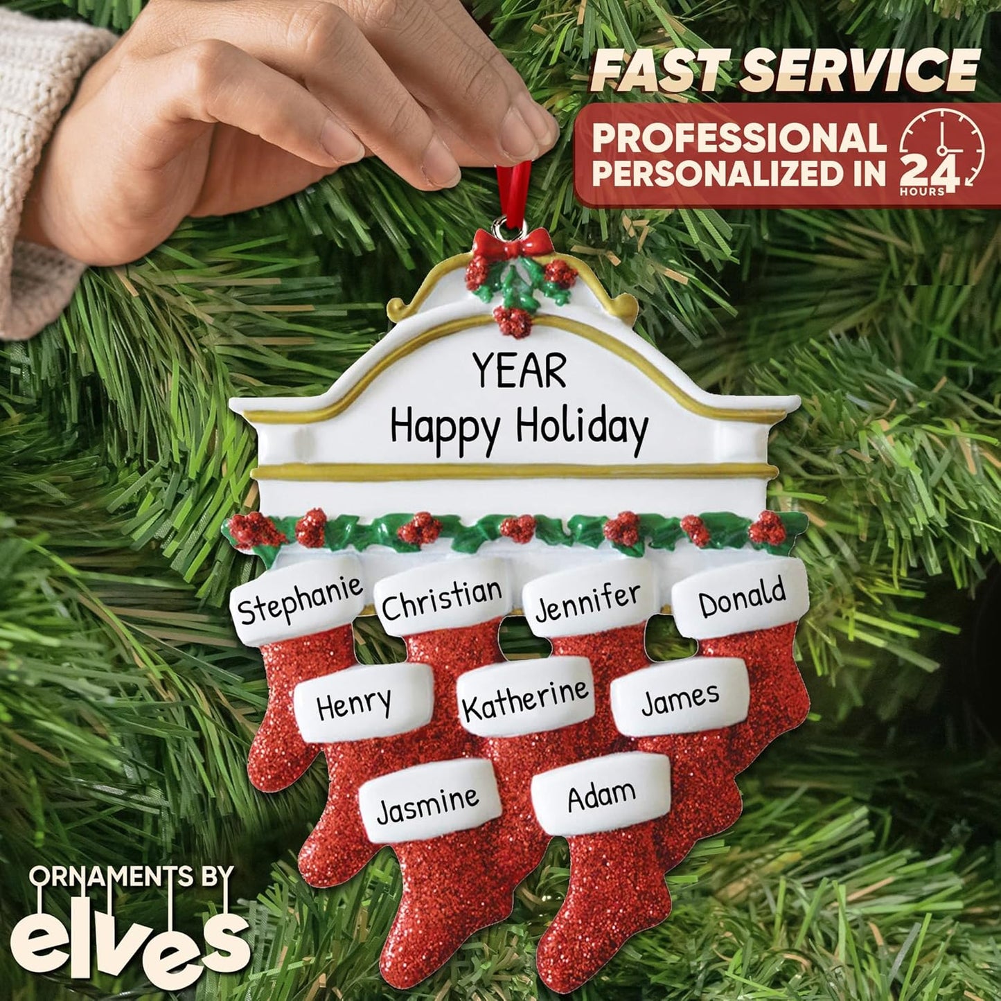 3D Fireplace Mantle Family of 9 Christmas Ornament 2025 Personalized Family Christmas Ornaments 2025 | Holiday Garland Personalized Tree Ornaments Customizable Gifts of Red Stockings of Nine Ornament