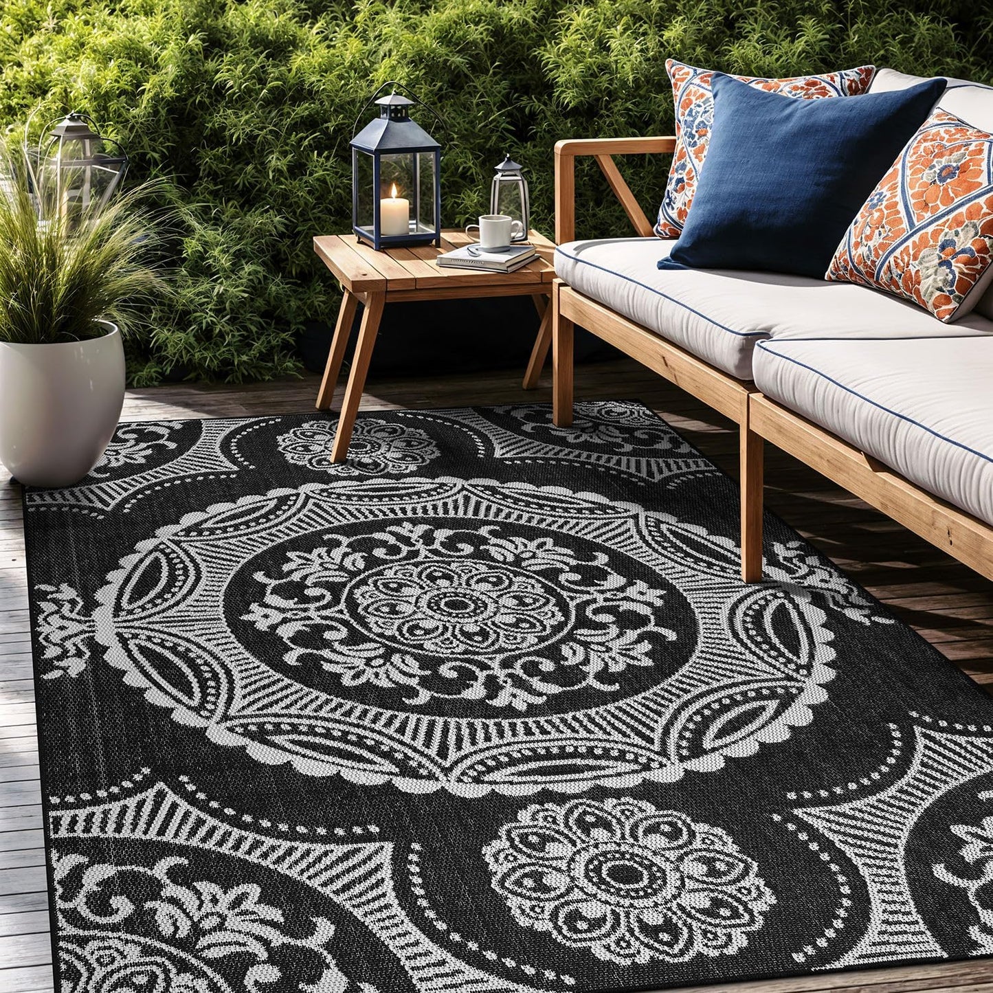 Medallion Outdoor Rug 8x10 Washable Outside Carpet for Indoor Patio Porch Waterproof Easy Cleaning Non Shedding Area Rugs Black 8 x 10