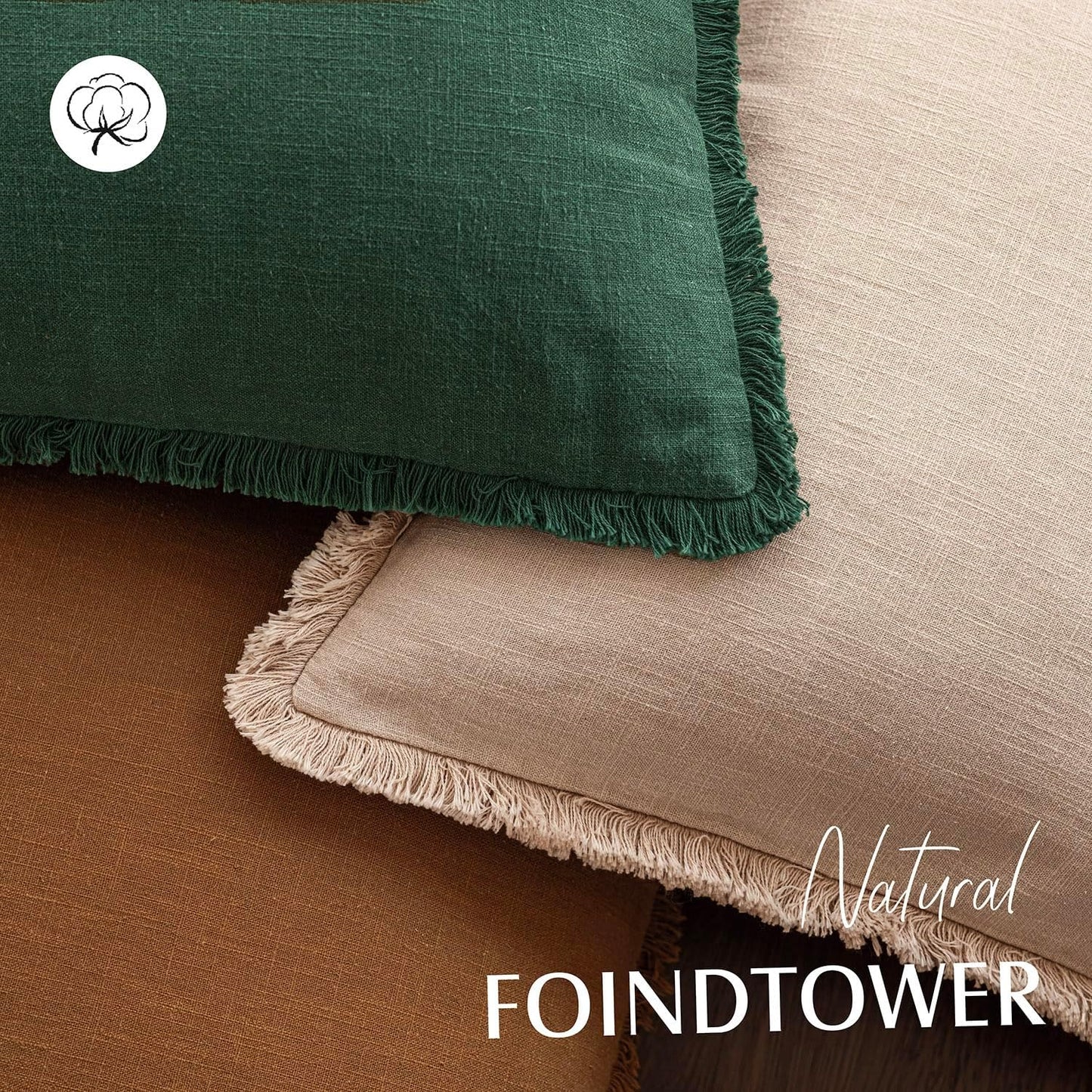 Foindtower Set of 2 Decorative Linen Fringe Throw Pillow Covers Cozy Boho Farmhouse Cushion Cover with Tassels Soft Accent Pillowcase for Couch Sofa Bed Living Room Home Decor, 16×16 Inch, Pine Green