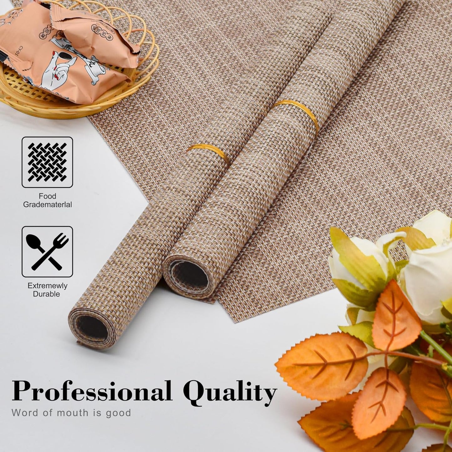 CADONO Placemats Set of 4 Washable Indoor/Outdoor Vinyl Place Mats for Dining Table Durable Non-Slip Heat Resistant PVC Weave Table Mats（Khaki）