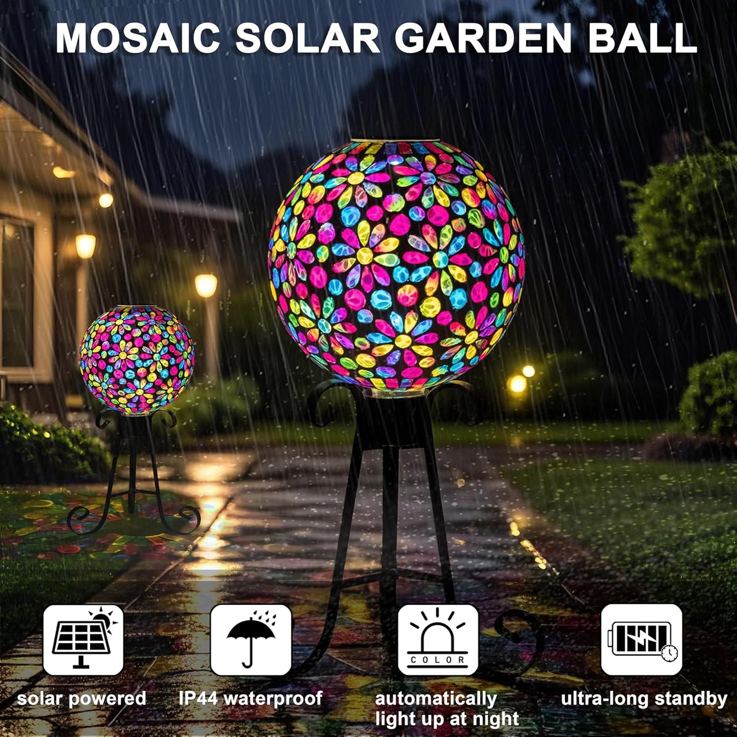 VOREEN 10" Mosaic Glass Gazing Ball with Solar Light, Outdoor Solar Gazing Globe, Handmade IP44 Waterproof Garden Decor Sphere for Patio Yard, Ideal Gift for Mom Wife Friend, Colorful Daisy Design