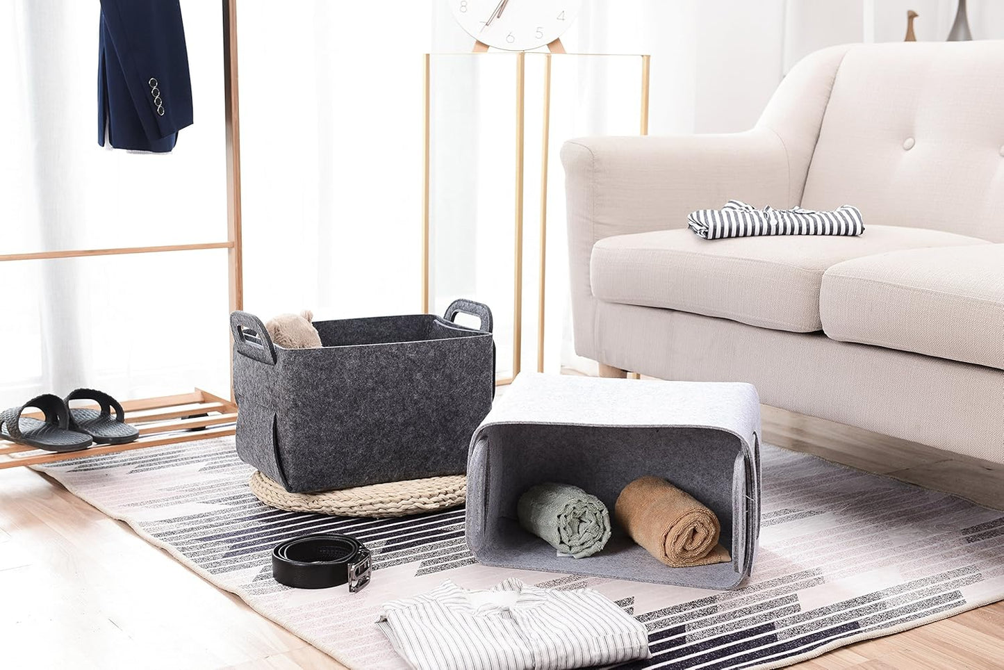 Storage Basket Felt Storage Bin Collapsible& Convenient Box Organizer with Carry Handles for Office Bedroom Closet Babies Nursery Toys Laundry (Light grey, 13.8inch（L）×9.5inch（W）×8.3inch（H）)
