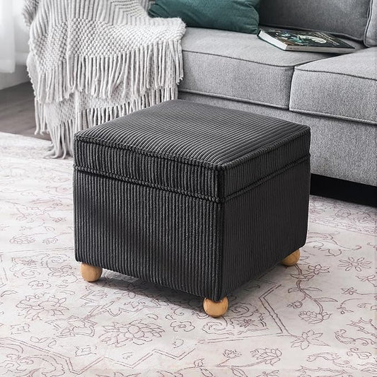 Adeco 17 Inch High Striped Flannel Black Cube Ottoman Storage, 3D Embossed Velvet Chair Foot Stools, Upholstered Vanity Stool with Hinged Lid, Solid Round Wood Legs