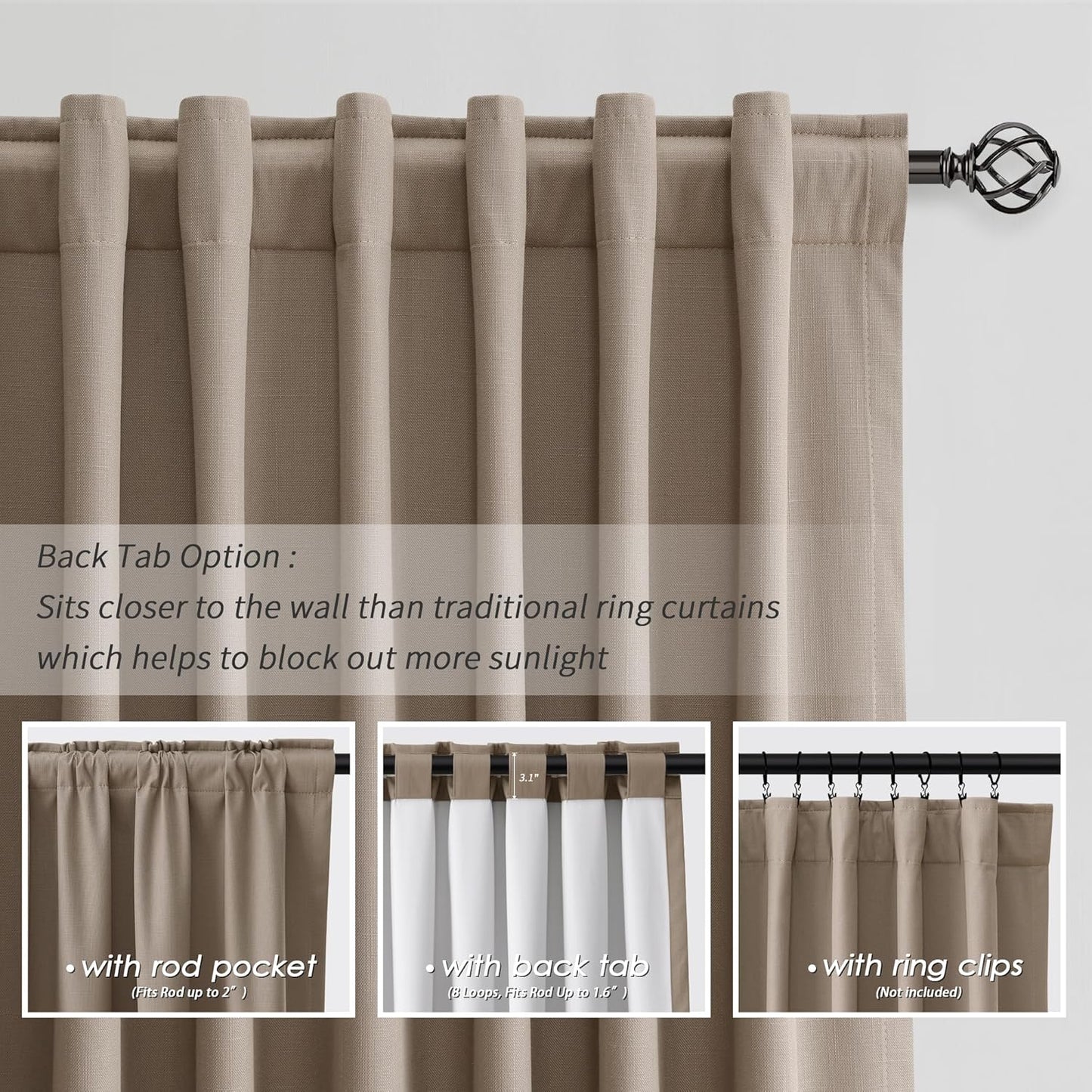 BOODII Blackout Curtains for Bedroom 80 Inch Length 2 Panels Set Room Darkening Linen Curtains Light Brown Black Out Curtain Neutral Thermal Insulated Living Room Nursery Drapes Back Tab 52x80