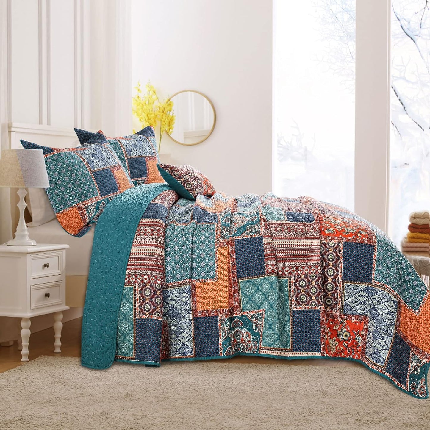 VAPUTAR Cotton Quilt Queen Size Bedding Set - 3 Pieces, Boho Queen Size Quilts, Lightweight Reversible Coverlets Bedspreads for Farmhouse Bedroom