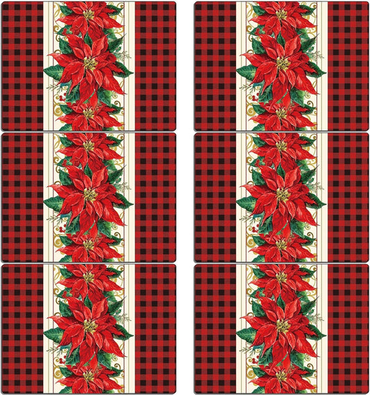 Christmas Poinsettia Placemats Set of 6 Red Watercolor Poinsettia Plastic Table Mats Christmas Xmas Red Flower Place Mats Winter Holiday Table Decoration for Indoor Outdoor Party Kitchen Dining