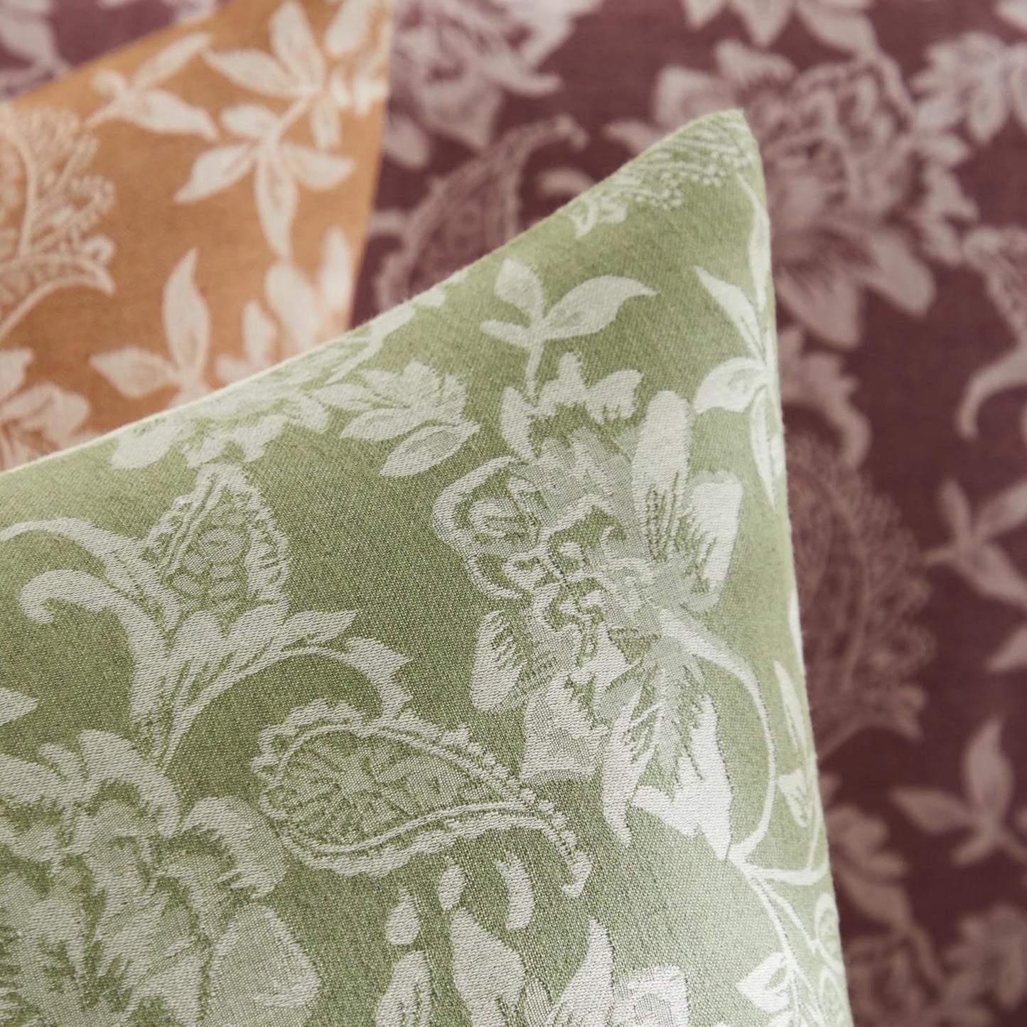 Floral Jacquard Throw Pillow Covers Set of 2, Background/Green 20x20 Inch, Farmhouse Decorative Cotton Sage Green Cushion Covers for Sofa Bed Living Room Home Decor