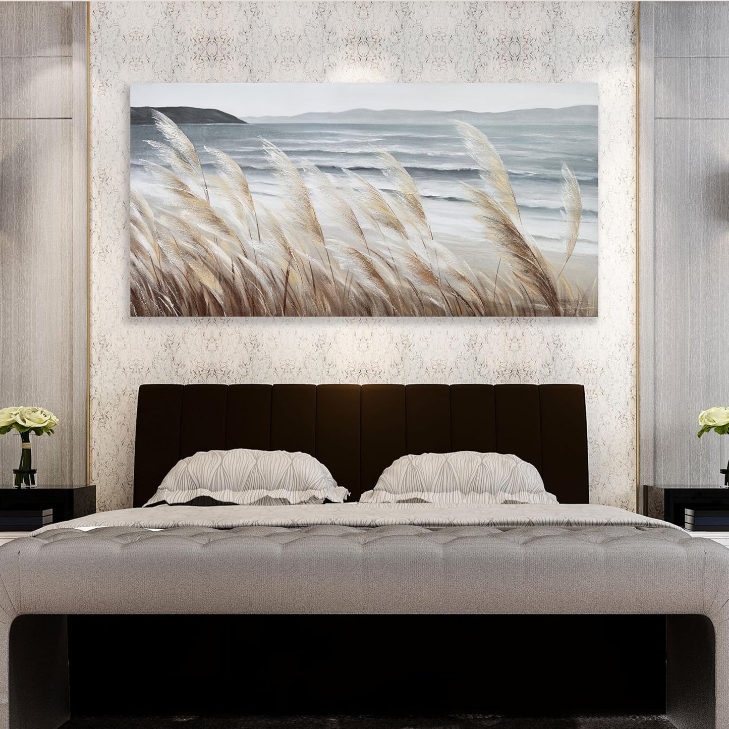 Plant Wall Art Nature Wall Art Reed Seascape Canvas Painting Wall Decor Framed Artwork for Bedroom Living Room Decoration Home Kitchen Office 29"x58"