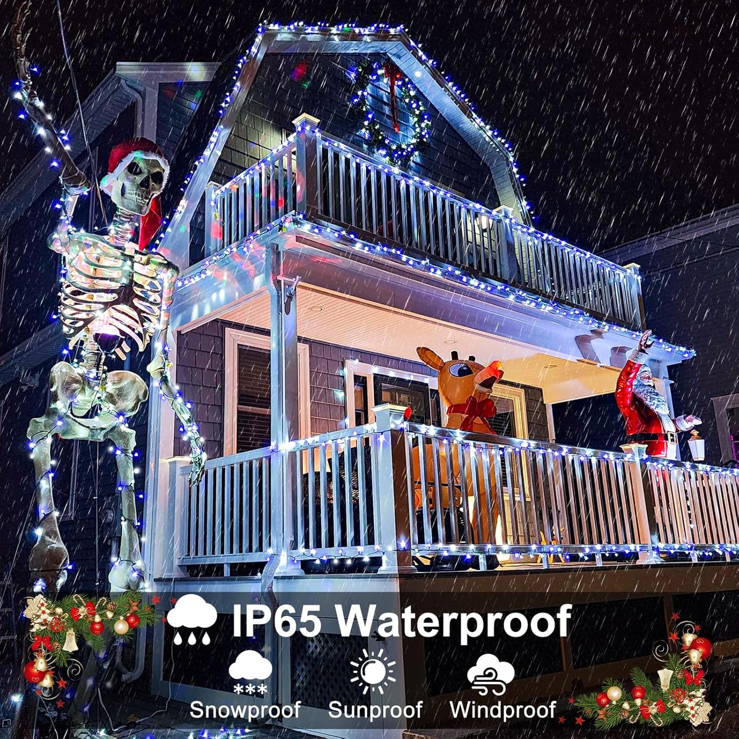 Christmas Lights Outdoor, 100FT 300 LED Christmas Tree Lights with 8 Modes Waterproof, Connectable Green Wire Twinkle Tree Lights for Indoor Patio Garden Party Decorations, Blue White