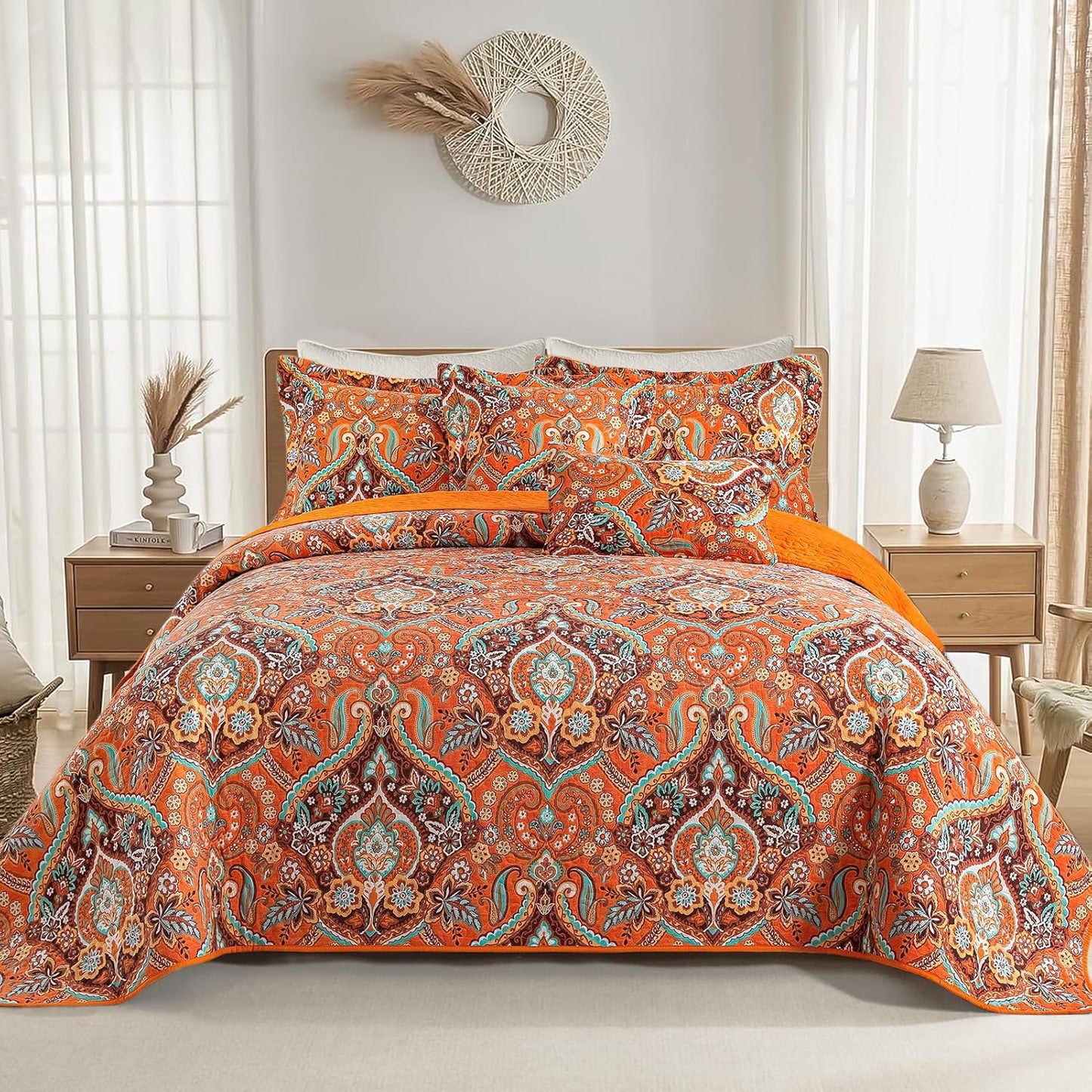 VAPUTAR Cotton Quilts Queen Size, Queen Quilt Bedding Set with Bohemian Damask Pattern-3 Pieces Lightweight Soft Bedspread Queen Size Coverlet (90 * 98 in) Suitable for All Season (Light Orange)