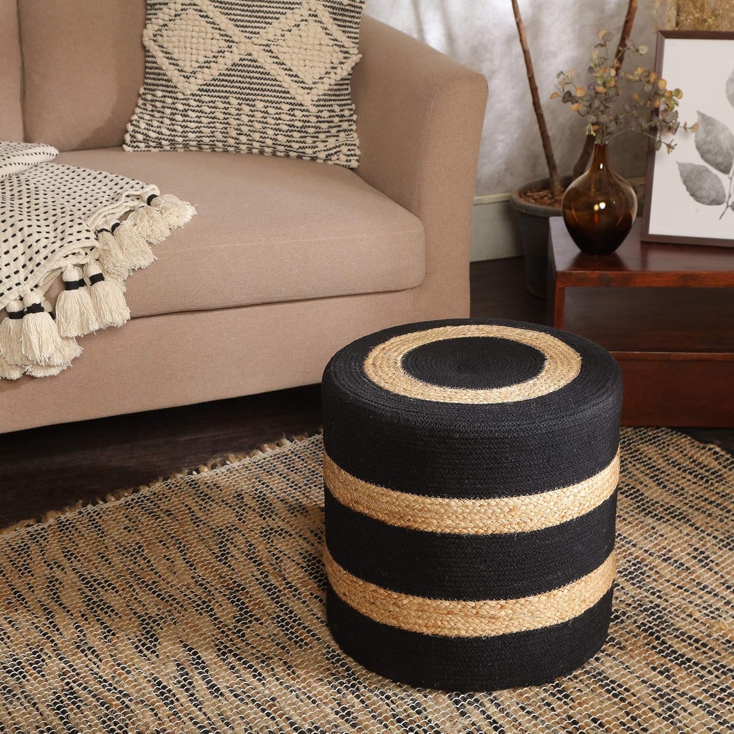 REDEARTH · Cylindrical Pouf Foot Stool Ottoman - Jute Braided Pouffe Poof Accent Sitting Footrest for The Living Room, Bedroom, Nursery, Patio, Lounge & Other Rooms (14.5”x14.5”x16”; Black Natural)