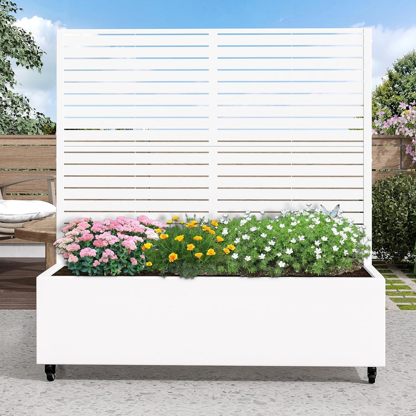 Casaphoria Metal Raised Garden Bed with Trellis and Wheels, 47"x47"x16" Planter Box for Climbing Plants, Vegetables & Vines, Features Drainage Holes and Privacy Screen (White-Louvered)