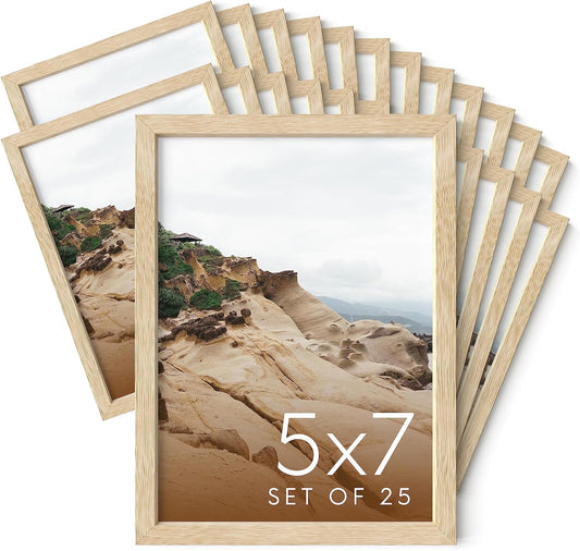 Haus and Hues 5x7 Natural Oak Wood Photo Frame Set of 25 - Mini Picture Frames Bulk Gallery Set - Premium Bulk Picture Frames 5x7 for Stylish Photo Gallery Wall Frame Set - Ideal for Home & Office