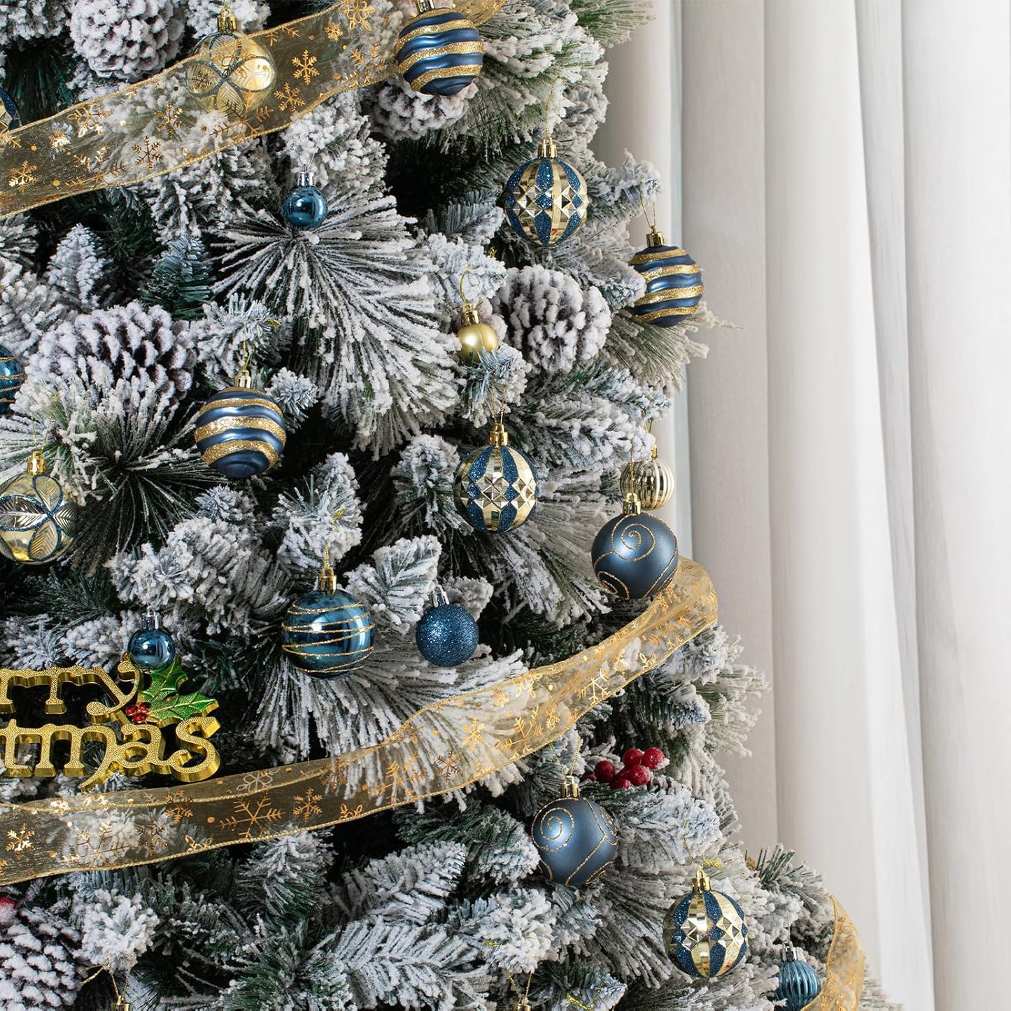 100Pcs Christmas Balls Ornaments Set, Shatterproof Christmas Decorations with Hand-held Gift Package for Xmas Tree/Holiday/Wedding/Holiday/Party Decor (Blue & Gold)