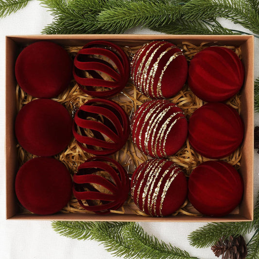 Christmas Ornaments Set of 12, 3.15" Flocked Velvet Balls with Hand Painted Designs, Burgundy Elegant Christmas Tree Decorations in Gift Box