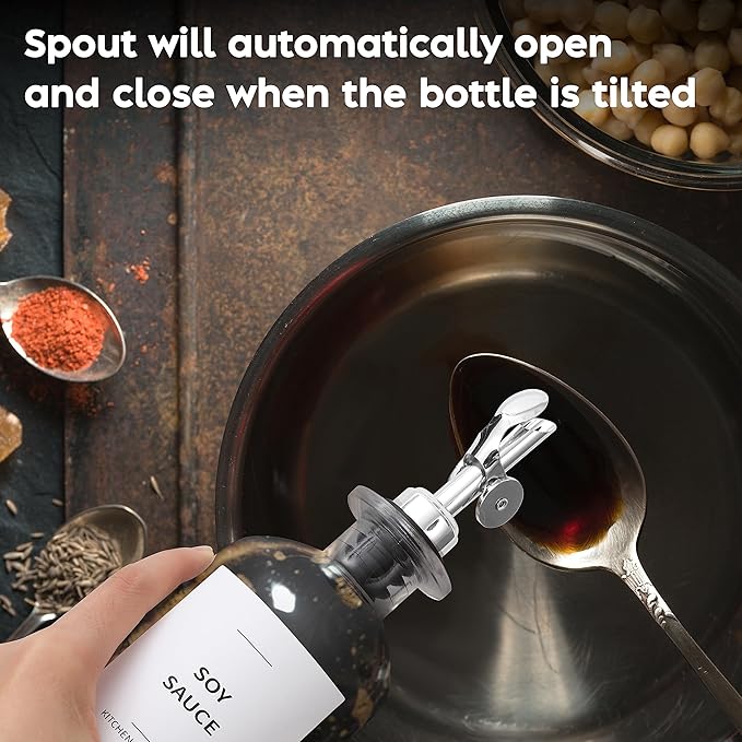 Olive Oil Dispenser Bottle - Includes 55 Kitchen Essential Labels - Cooking Oil Bottles for Kitchen, Coffee Syrup Dispenser - Pourer Spout with 11.8 fl oz Glass Container Cruet - 4pcs Silver