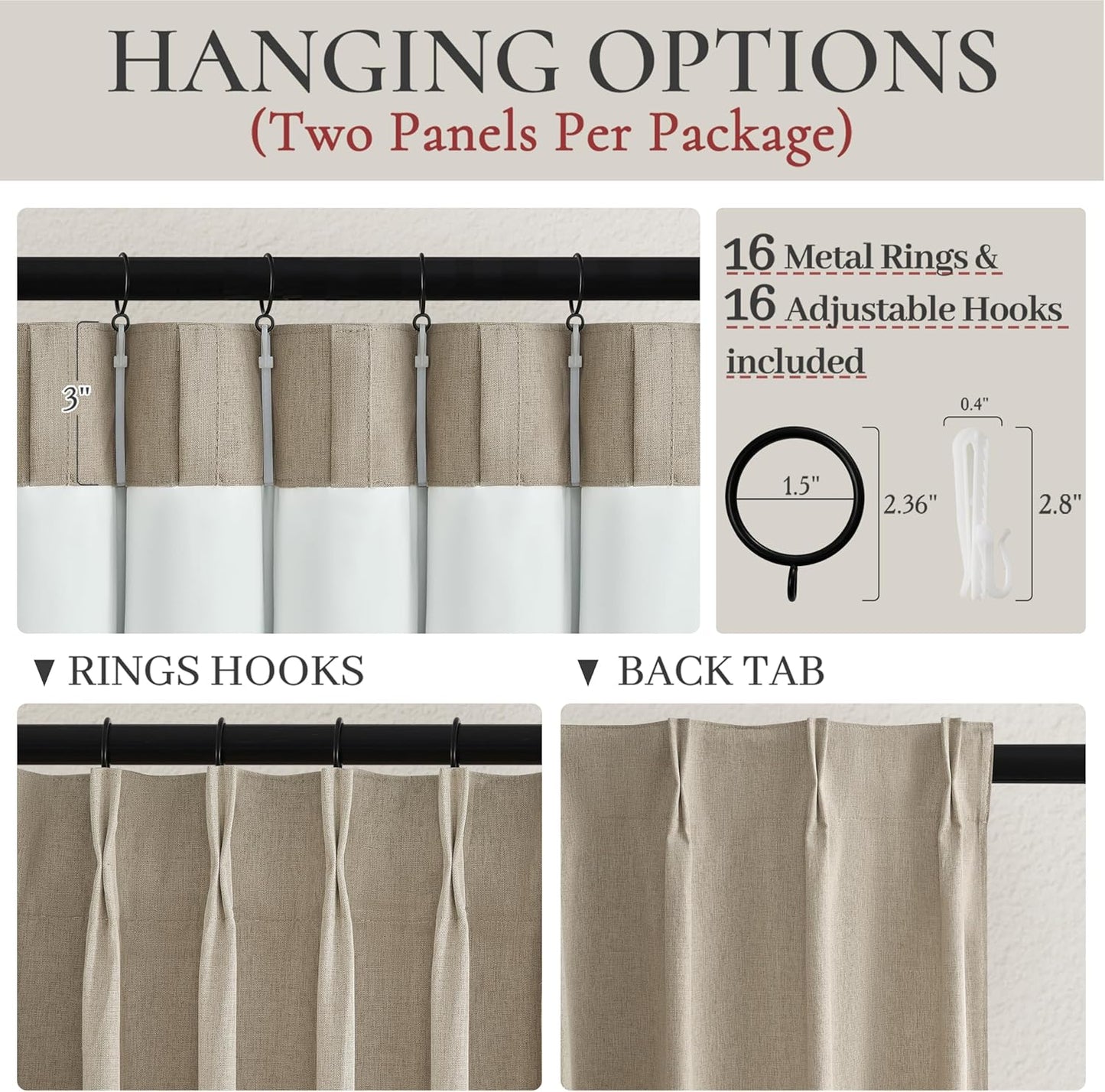 Extra Long Custom 102 Inch Viral Curtains with Pinch Pleat Clips, 100% Blackout Curtains for Bedroom Weather Burg Thermal Insulated Noise Cancelling Back Tab GreyBeige Boho Drapes 2 Panel Set