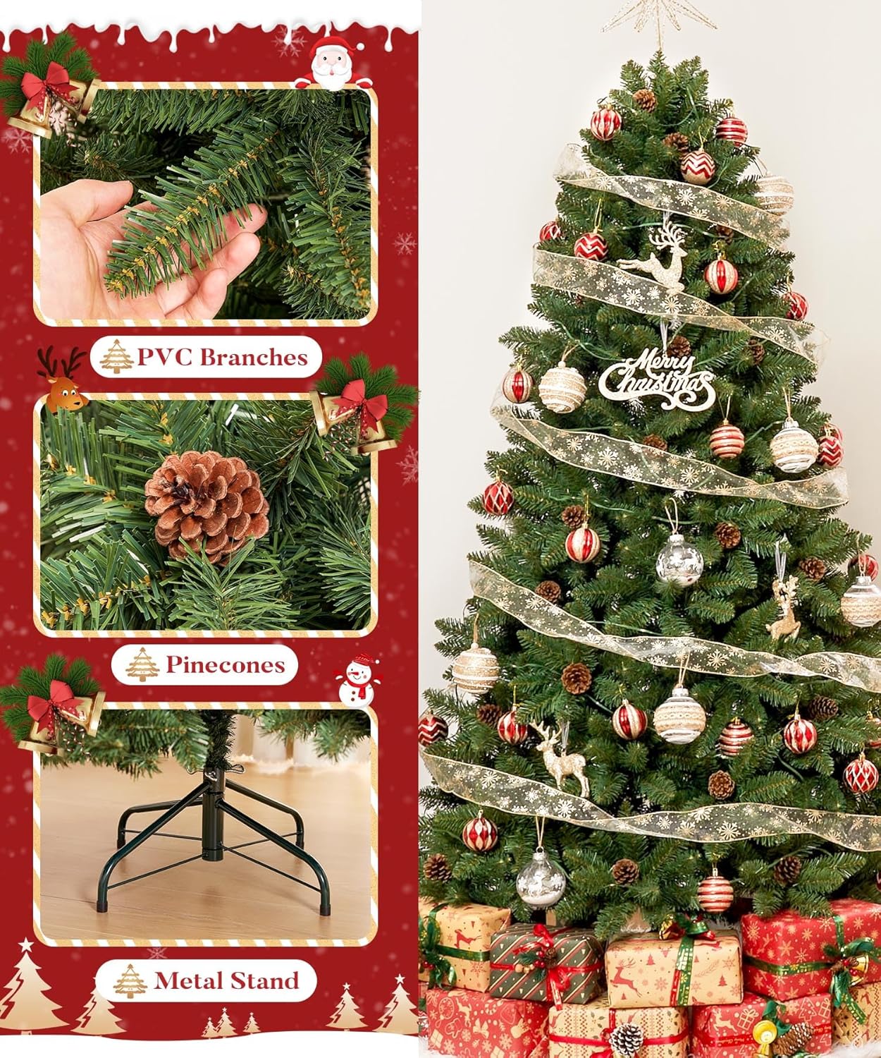 Decoway 6FT Artificial Christmas Tree: Unlit Green Xmas Pine with Pinecones and Metal Stand for Indoor - Holiday Decoration for Porch Living Room Easy Assembly