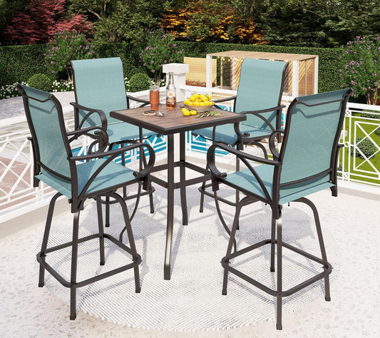 PHI VILLA 5 Piece Outdoor Bar Set, High Top Patio Bistro Bar Table and 4 Outdoor Swivel Bar Stools Chairs with Teal Textilene Fabric for Outside, Balcony, Garden and Yard