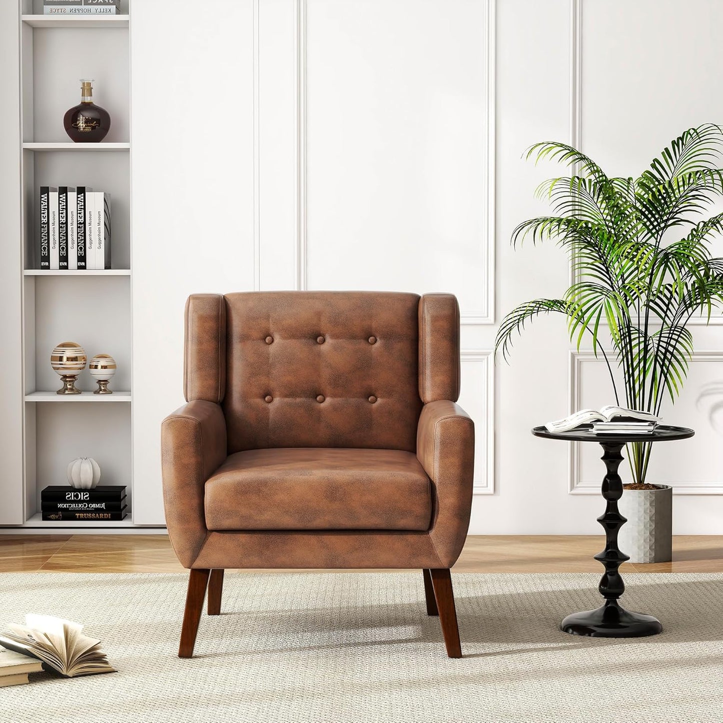 UIXE Faux Leather Accent Chair, Morden Upholstered Armchair for Living Room, Button Tufted Arm Chair Comfy Single Sofa Bedroom Side Reading Seat - Coffee