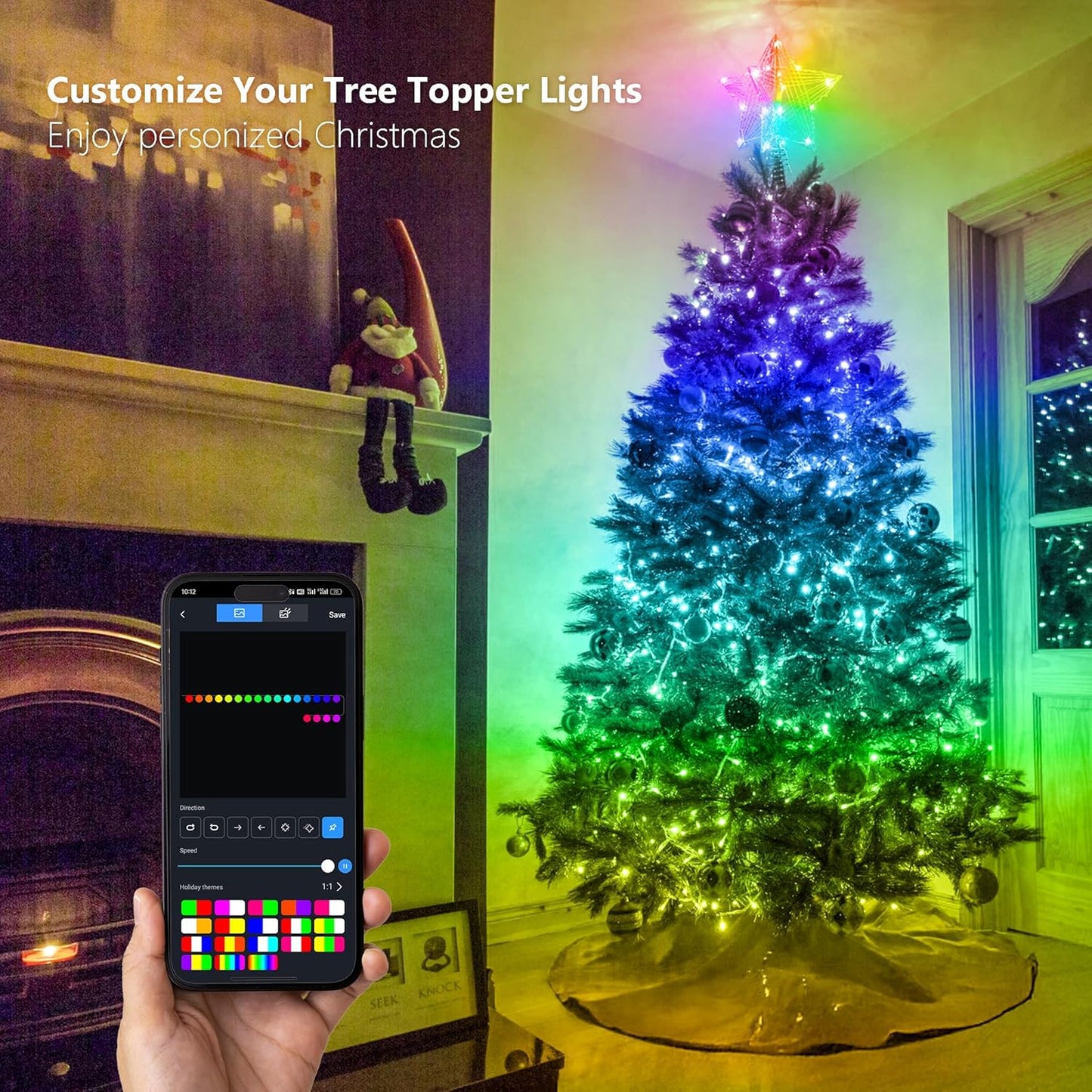 ODEETRONIC Smart Christmas Tree Topper, 8" RGB Star Tree Topper, 20LED 3D Hollow Color Changing Lighted Tree Top, APP & Remote Control Music Sync Gold Glitter Tree Topper for Xmas Indoor Party Holiday