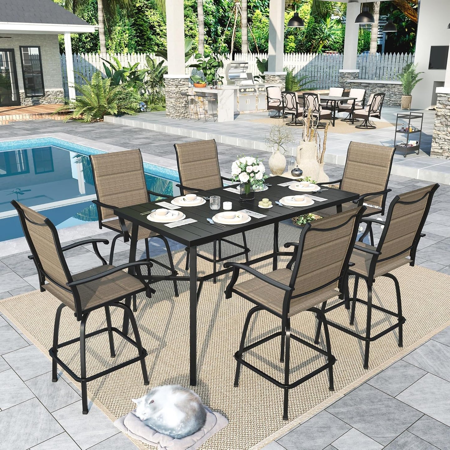 Sophia & William Outdoor Bar Set, Patio Bar Table and Chairs Set, Bar Height Patio Set - 6 x Swivel Bar Chairs(Brown-Padded), 1 x Rectangular Bar Table(Black)