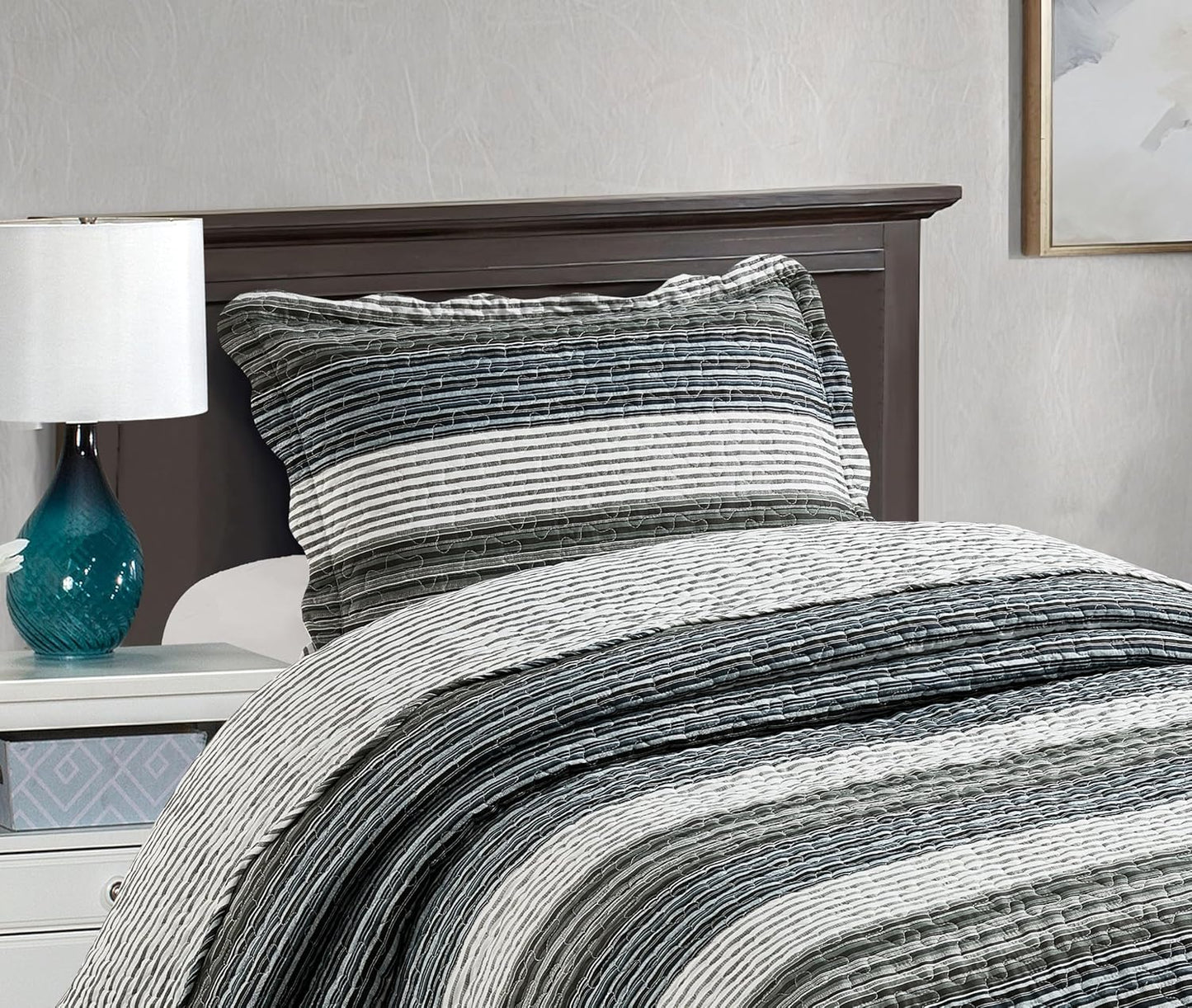 Brilliant Sunshine Multi Grey Stripes Patchwork, 2-Piece Quilt Set with 1 Sham, Reversible Bedspread, Soft Lightweight Coverlet, All-Season, Twin, Multi Grey