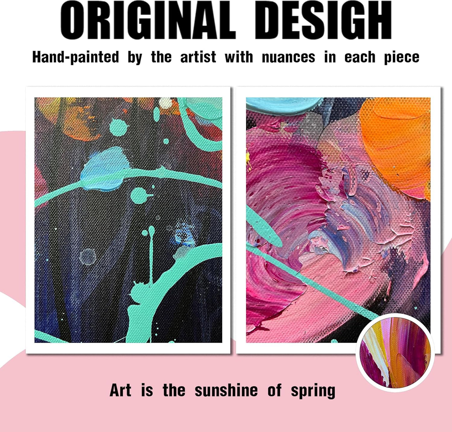 ENTANUB Flower Wall Art for Livng Room, Pink Floral Canvas Wall Decor for Bedroom, Hand Painted Artwork, Large Size 29x59 Inches