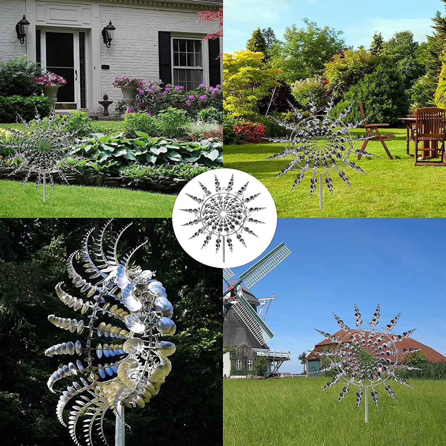 Unique and Magical Metal Windmill, 3D Wind Powered Kinetic Sculpture, Metal Wind Spinner Solar, Wind Spinners for Yard and Garden, Wind Catchers Metal Outdoor Patio Decoration (2 PCS -Silver)