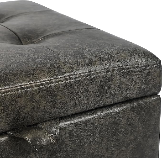 Adeco Faux Leather Storage Ottoman Bench with Wood Legs, 17.7" Square Mixed Grey PU Cube Foot Stool, Upholstered Button Tufted Vanity Chair with Hinged Lid for Living Room, Bedroom, Dorm