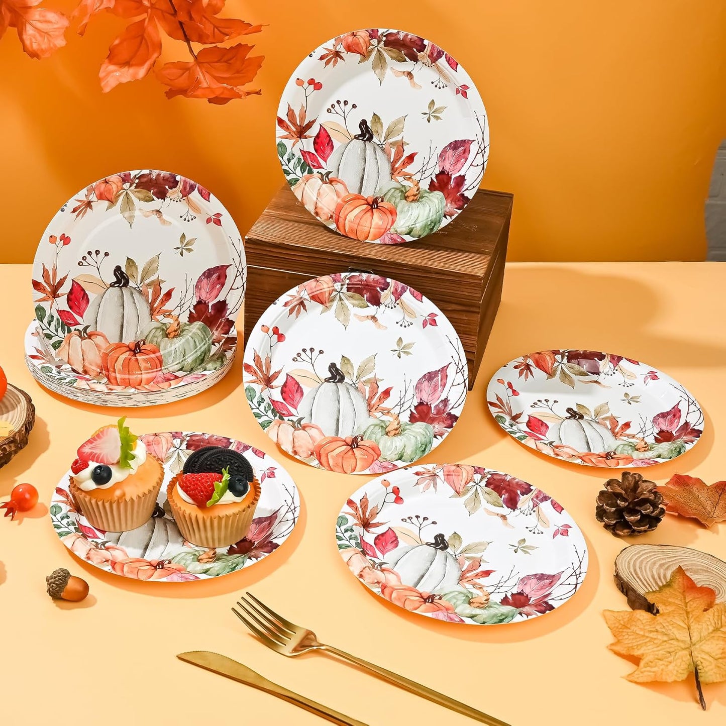 AllReal Fall Pumpkins Paper Plates Rustic Pumpkin Leaves Disposable Party Plate 7" Thanksgiving Autumn Dessert Plate for Birthday Baby Shower Party Supplies Table Decor (24)