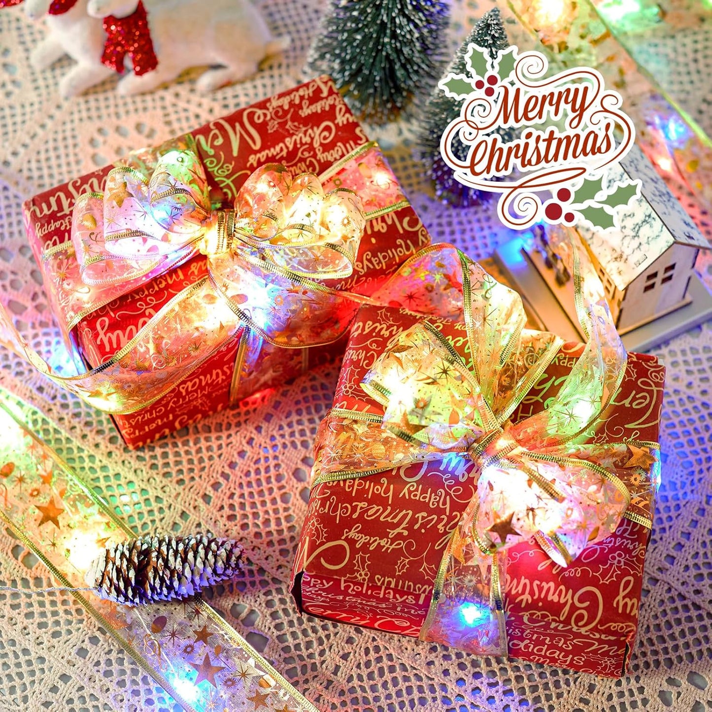 Christmas Tree Ribbon String Lights - 33ft 100 LED Battery Powered Fairy Lights with Timer and 8 Lighting Mode, Ribbon Bows Lights for 6ft - 8ft Christmas Tree New Year Decor, Gold Ribbon, Multi-color