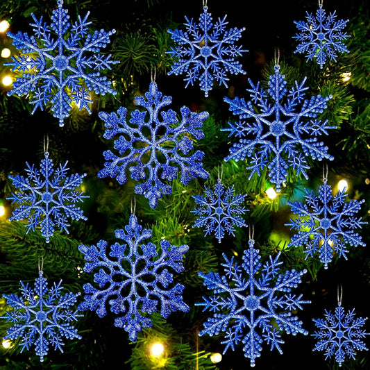 Christmas Tree Decorations Snowflake Ornaments 36Pcs Blue Silver Glitter Plastic Hanging Snowflakes from Ceiling Snow Flakes Decorating Hanging for Winter Wonderland Decorations Indoor Outdoor Decor