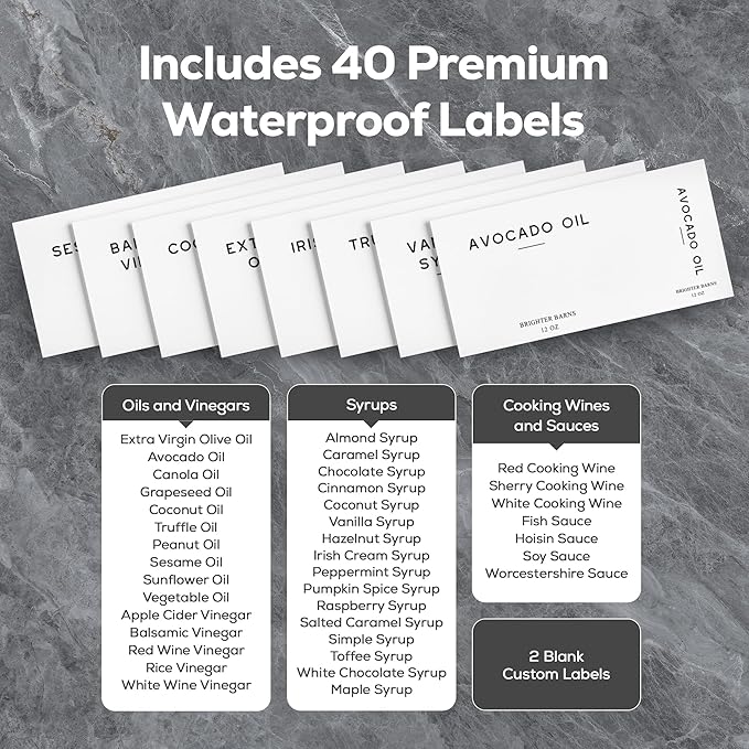 White Glass Olive Oil Dispenser Bottle for Kitchen by Brighter Barns - Avocado Oil Dispenser Set, Vanilla Syrup Bottle - Modern Decor, Gold Kitchen Accessories for Home, Airbnb, Cafe (White, Set of 2)