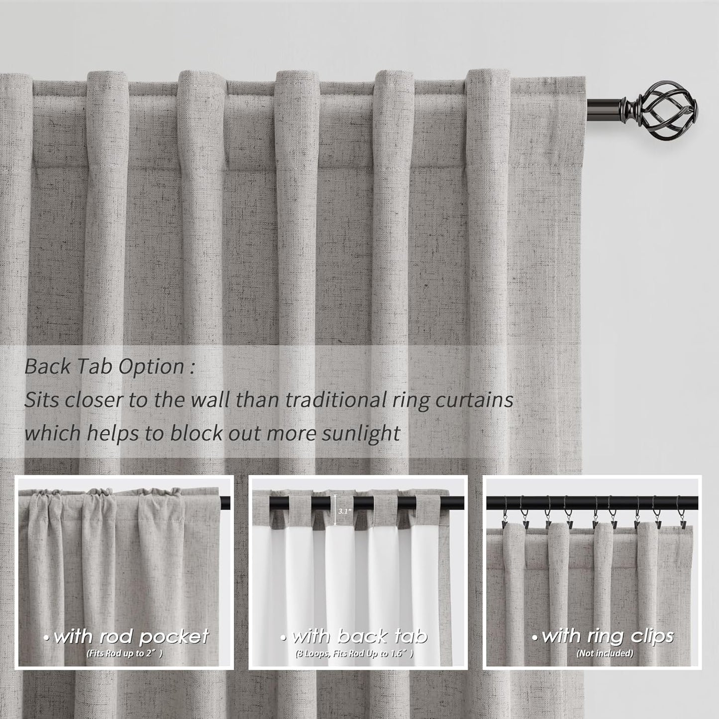 BOODII Silver Gray Linen Blackout Curtains for Bedroom 84 Inch Length 2 Panels Set Room Darkening Curtains Black Out Curtain Neutral Thermal Insulated Living Room Nursery Drapes Back Tab 52x84