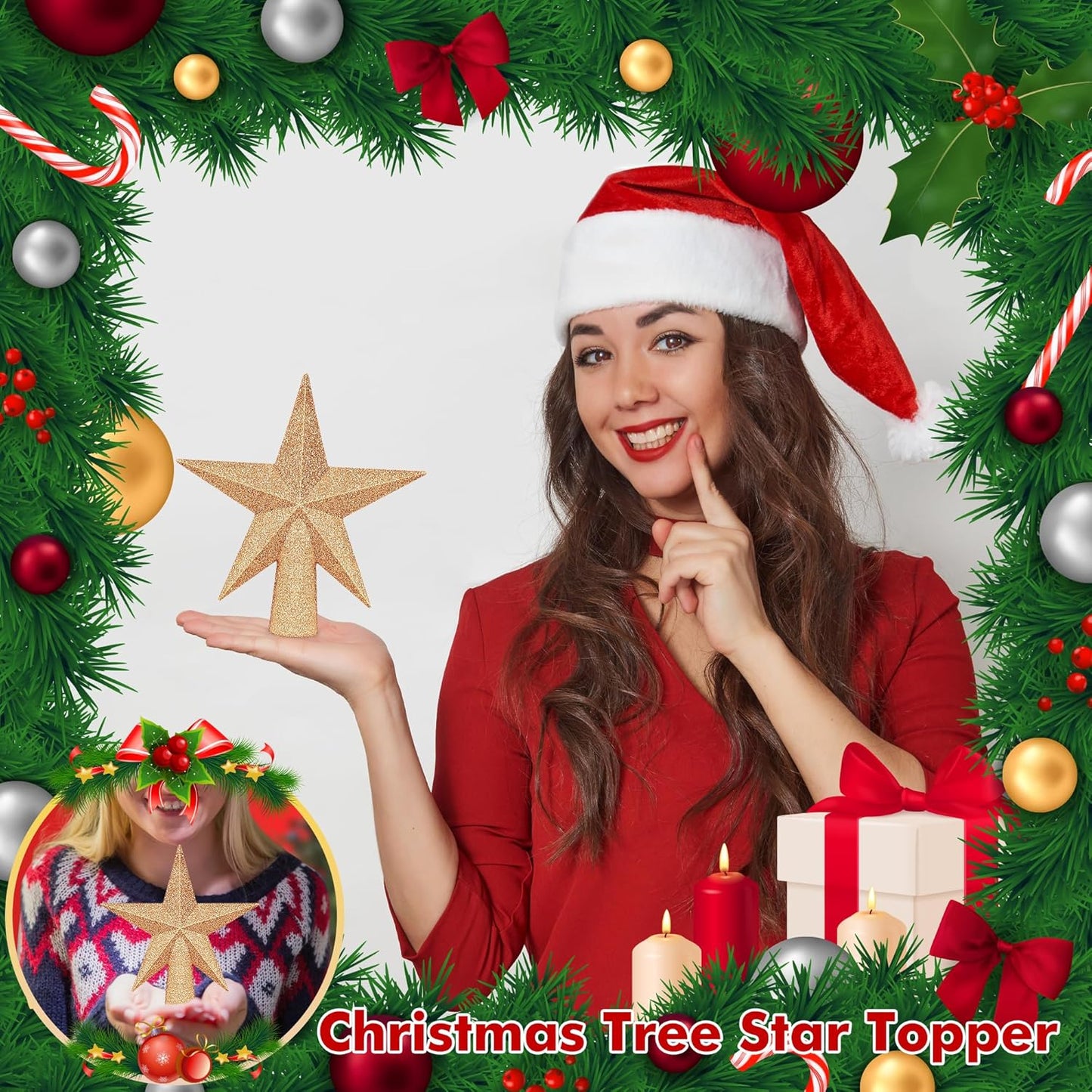 Christmas Tree Decoration, 6" Champagne Christmas Tree Topper Star Accessories, Xmas Glitter 3D Bethlehem Tree Ornament, Waterproof Holiday Christmas Tree Topper Star Decorations for Home Decor