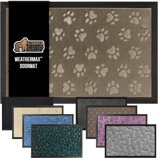 GORILLA GRIP 100% Waterproof All-Season WeatherMax Doormat US Designed Natural Rubber, Stain and Fade Resistant, Low Profile Indoor Outdoor Door Mats, Easy Clean Patio Mat, 17x29, Tan Pawprints