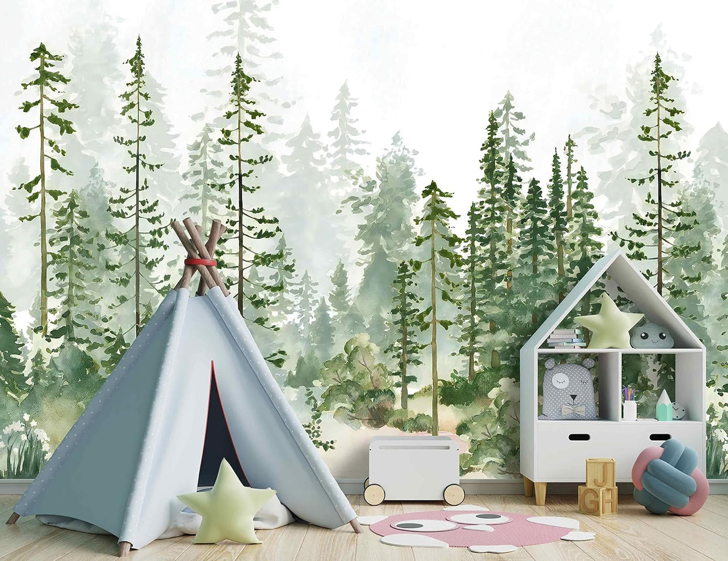 Boys or Girls Cartoon Pine Tree Forest wallpeper Nursery Kids Bedroom Wall Mural - 91"x65"（Not Peel and Stick）