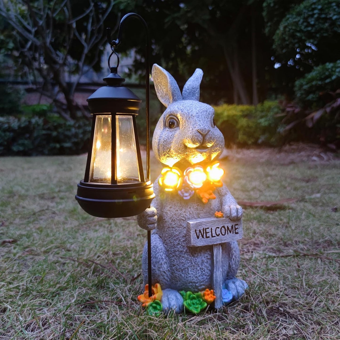 Solar Rabbit Garden Statues Outdoor Décor with Lantern- Rabbit Figurines Solar LED Light Lawn Ornaments - Yard Decorations for Patio, Balcony, Backyard -Unique House Warming Gifts for Mom