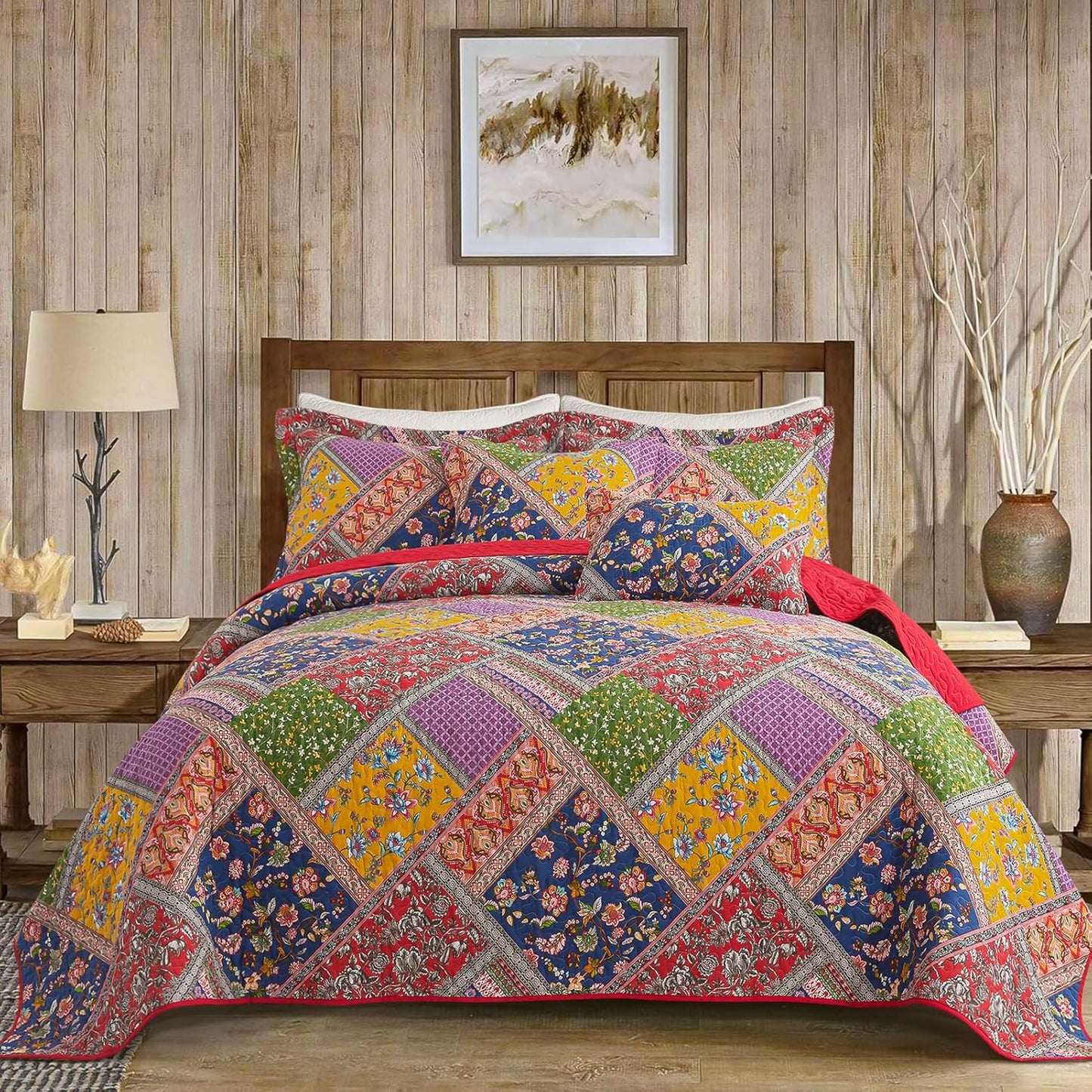 VAPUTAR Cotton Quilt Queen Size Set, Quilted Bedspread Coverlet (90 * 98 Inch) with 2 Pillowcovers, 3 Pieces Lightweight Farmhouse Style with Patchwork Design Queen Quilt Bedding Set for All Season