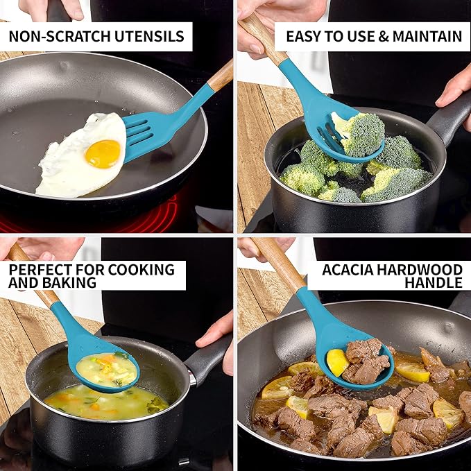 Zulay Kitchen Non-Stick Cooking Utensils Set with Authentic Acacia Wood Handles – 5-Piece Durable & Stylish Silicone Kitchen Utensils Set – Heat Resistant to 464°F – Blue