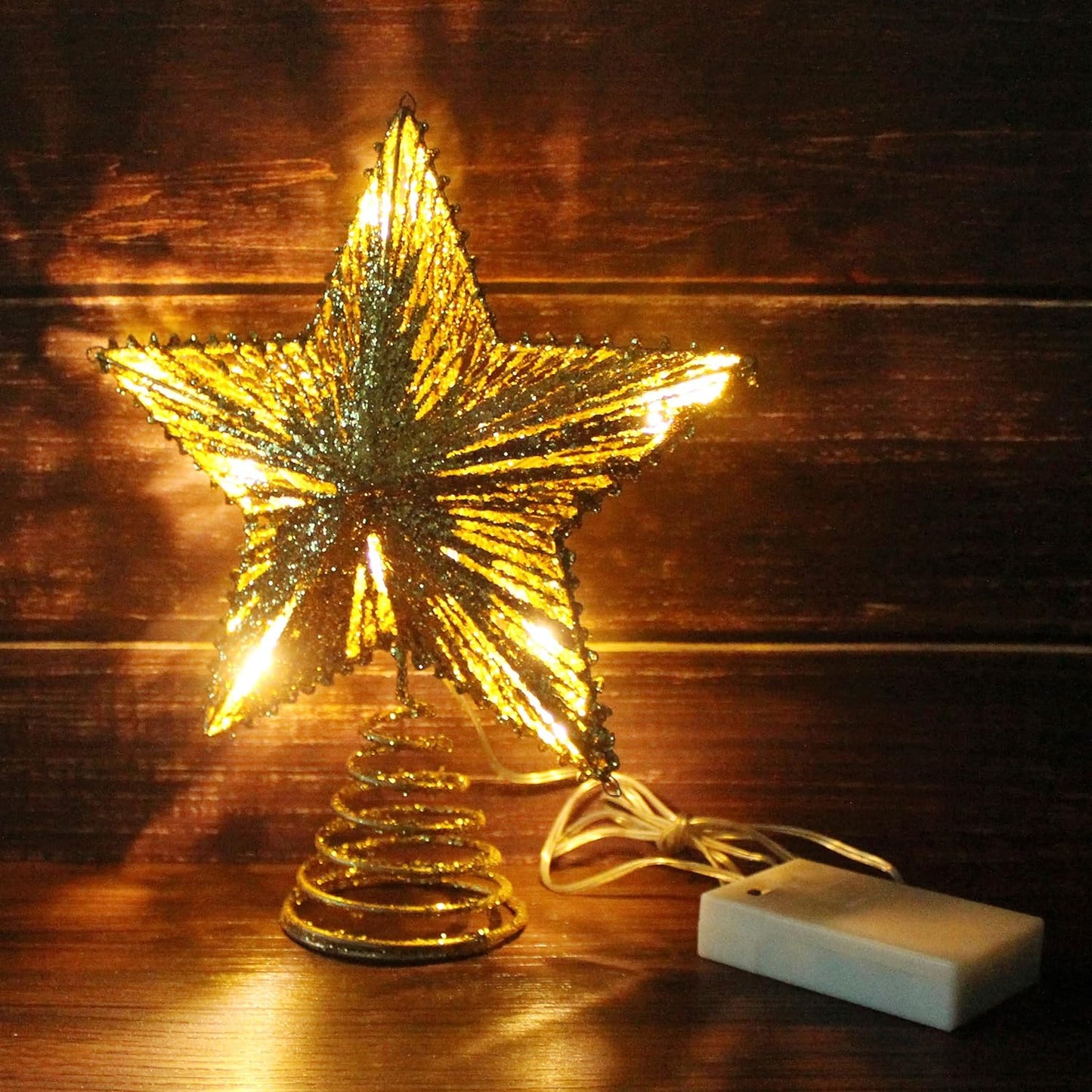 CVHOMEDECO. Gold Glittered 3D Tree Top Star with Warm White LED Lights and Timer for Christmas Tree Decoration and Holiday Seasonal Décor, 8 x 10 Inch