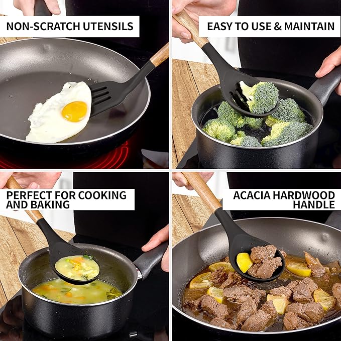 Zulay Kitchen Non-Stick Cooking Utensils Set with Authentic Acacia Wood Handles – 5-Piece Durable & Stylish Silicone Kitchen Utensils Set – Heat Resistant to 464°F – Black